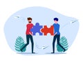 Two men jigsaw puzzles. Working together to solve problems. Teamwork concept. vector Royalty Free Stock Photo