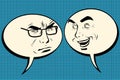 Two men joyful and angry. Comic bubble smiley face