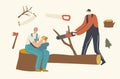 Two Men Loggers Cutting Trees and Eating Lunch. Character Sawing Logs in Forest. Wood Industry Worker with Saw Working Royalty Free Stock Photo