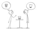 Two Men Meaning if Glass Is Half Empty or Half Full, Vector Cartoon Stick Figure Illustration