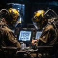 two men in military uniforms sitting at a computer