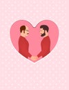 Two men, multiracial gay couple in love, holding hands and looking into each others eyes. Greeting card for Happy Royalty Free Stock Photo