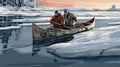 Two men are paddling canoe through an icy river. They appear to be enjoying their time together and navigating frozen