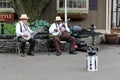 Two men playing banjos for entertainment,Intercourse,Pennsylvania,May,2013