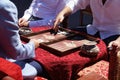 Two men playing a game of backgammon Royalty Free Stock Photo