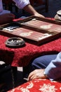 Two men playing a game of backgammon (tavla) in a teahouse Royalty Free Stock Photo