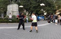 Two men practice boxing in Union Square Park New York City.