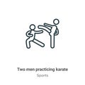 Two men practicing karate outline vector icon. Thin line black two men practicing karate icon, flat vector simple element Royalty Free Stock Photo