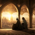 Two men praying at the great arches of mosques, sunset. Ramadan as a time of fasting and prayer for Muslims Royalty Free Stock Photo