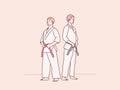 two men preparation practice karate red belt do ready to training simple korean style illustration