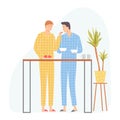 Two men preparing breakfast. Gay couple. Vector illustration in hand drawn flat style