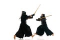 Two men, professional kendo athletes in motions, fighting, training with bamboo shinai sword against white studio Royalty Free Stock Photo