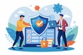 Two men protecting a computer and data with a shield in a flat illustration depicting cybersecurity and data safety concepts Royalty Free Stock Photo