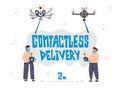 Two men in protective masks and gloves control drones delivery with wireless remote