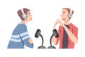 Two Men Recording Podcast Wearing Headphones, Radio Host Interviewing Guest in Studio, Podcasting Cartoon Style Vector Royalty Free Stock Photo