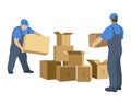 Two men in the relocation service make up the boxes. Vector illustration isolated on white background