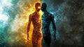 Two men representing fire and water elements showing duality concept