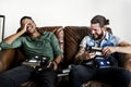 Two man with retro video tapes Royalty Free Stock Photo