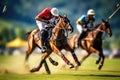 Two men riding horses race each other across a wide open field, Colorful scene from a polo match, AI Generated