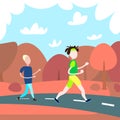 Two men running cross autumn landscape background male sport activity cartoon character full length flat Royalty Free Stock Photo