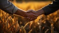 Two men shake hands in front of wheat fields. AI Generated Royalty Free Stock Photo