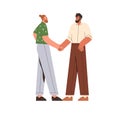 Two men shaking hands, greeting each other. Friends handshake. People partners colleagues smiling, standing and