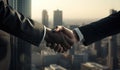 Two men in sharp suits greet each other with a handshake outside a building, formal business meeting image