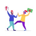 Two men shoppers in santa hats fighting for last gift boxes customers on seasonal shopping sale fight concept full