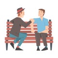 Two Men Sitting on Bench in Park, Summer Outdoor Activities Cartoon Style Vector Illustration Royalty Free Stock Photo