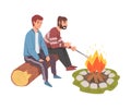 Two Men Sitting Near Campfire, Tourist People Hiking, Camping and Relaxing at Summer Vacation Cartoon Style Vector