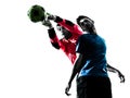 two men soccer player goalkeeper punching heading ball competition silhouette Royalty Free Stock Photo