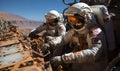 Two Men in Spacesuits Working on a Piece of Wood