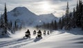 Two men speed down mountain peak on snowmobiles, winter adventure generated by AI