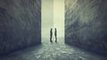 Two men stand facing each other in a concrete maze symbolizing a choice a confrontation a moment of decision the unknown and Royalty Free Stock Photo