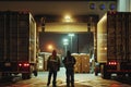 Two men standing in front of a truck in a warehouse generated by AI Royalty Free Stock Photo