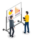 Two men standing near digital board with statistics, graphics, diagram, businesspeople strategy