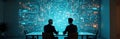 Two men in suits analyze complex tech data projected on wall. Business meeting, tech review, risk assessment, cybersecurity, data Royalty Free Stock Photo