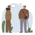 Two men are talking. Meeting people in city park or garden back view friends. Morning greeting