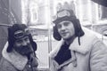 Two men in vintage military clothes on the Red Square in Moscow