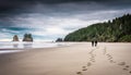 Two men walking on beach with footprints in the sand Royalty Free Stock Photo