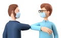 Two men wearing protective face masks greeting colliding elbows. 3D illustration of businessmen with safe greetings.