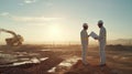 Two Men in White Suits and Hard Hats at Construction Site. Generative AI. Royalty Free Stock Photo