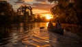 Two men and women canoeing, enjoying the sunset together generated by AI