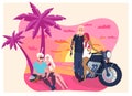 Two men and two women relaxing by a motorcycle on the beach at sunset. Biker friends enjoying summer vacation. Tropical Royalty Free Stock Photo