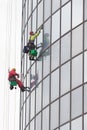 Two men workers hanging on ropes by the exterior windows of a skyscraper and cleansing them - industrial alpinism