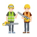 Two Men workers in uniform with helmets, chainsaw and glasses. Industrial safety. Loggers and objects for sawing wood Royalty Free Stock Photo