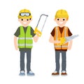 Two Men workers in uniform with helmets. Repair and installation tools