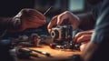 Two men working on an old camera