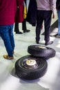 Two Mercedes Benz tyres on the floor during the vintage and classic car exhibition, ClassicMadrid, in Madrid, Spain Royalty Free Stock Photo