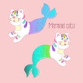 Two mermaid cats with colorful tails